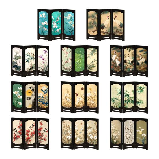 Yousheng Mini Floral Folding Screen Rustic 3 Panel Room Dividers Chinese Style Vintage Desktop Folding Screen Feng Shui Ornaments for Home Table Decor