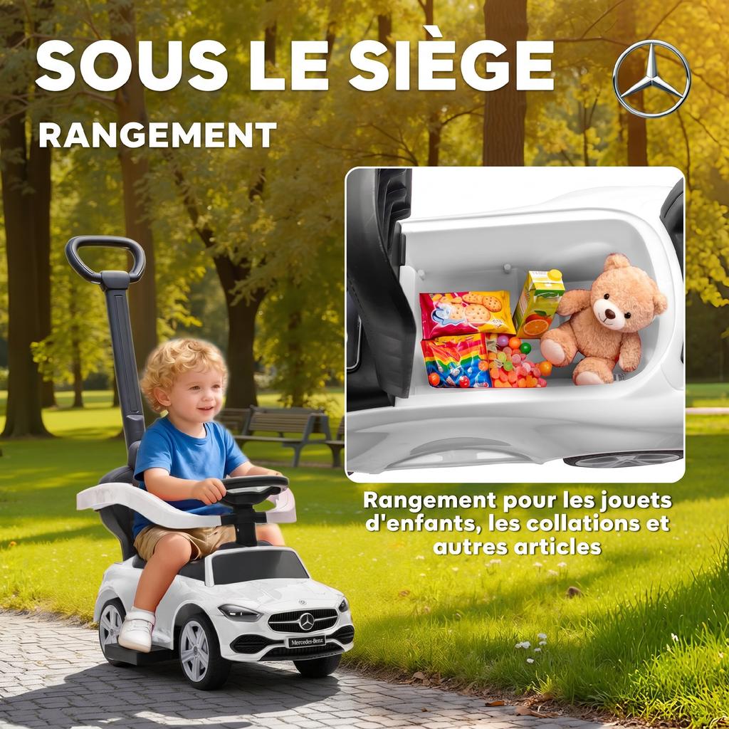 Ride-On Toy for Children, Licensed Mercedes-Benz, Push Car, Removable Handle, 91 x 40 x 83 cm, White
