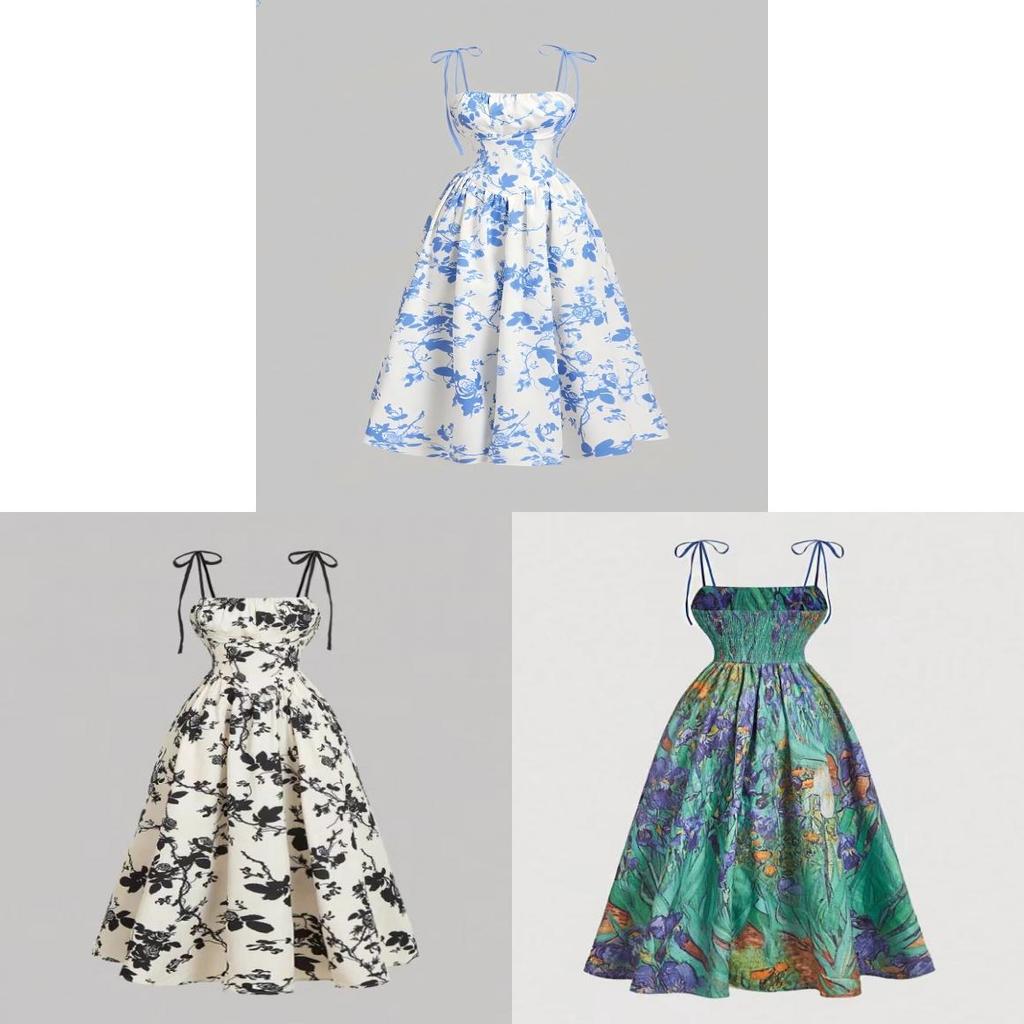 Vintage Flower Print Sleeveless A Line Dress With High Waist For Casual Summer Wear