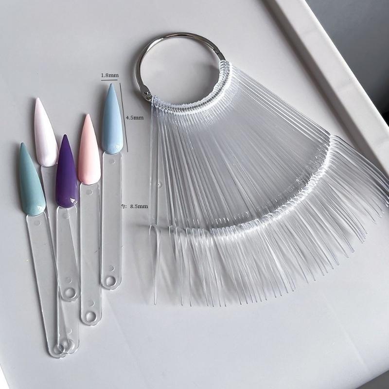 50 Pcs Square Nail Swatch Sticks With Metal Split Ring ,Nail Color Swatch Sticks With Ring - Clear Fan-Shaped Color Display Nail Salon Supplies