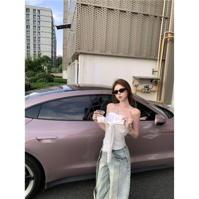 Kumikumi Fashion Set off-Shoulder White Tube Top Vest Women Summer Distressed All-Match Jeans Two-piece Set