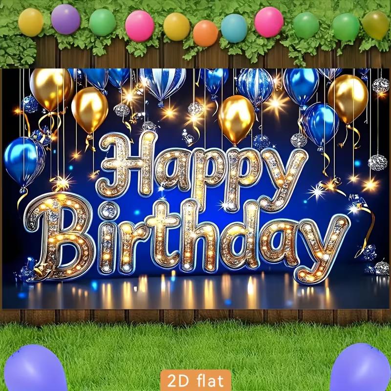 2D Blue Gold Happy Birthday Backdrop, Glitter Balloon Photography Background for Party
