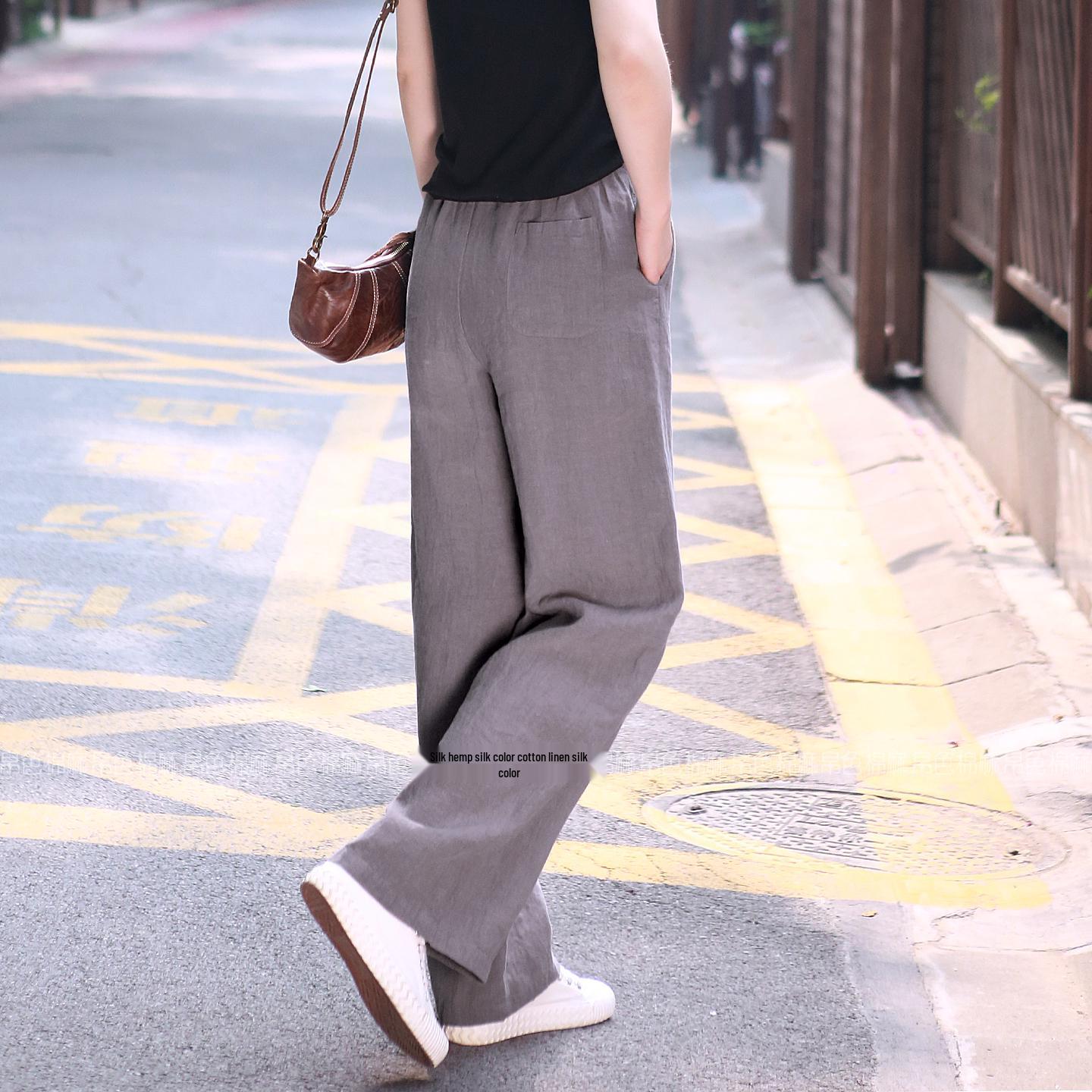 

2026 Spring Women s Linen High-Waist Straight-Leg Pants - Silk Color, Elastic Waist, Casual Wide-Leg Design Large