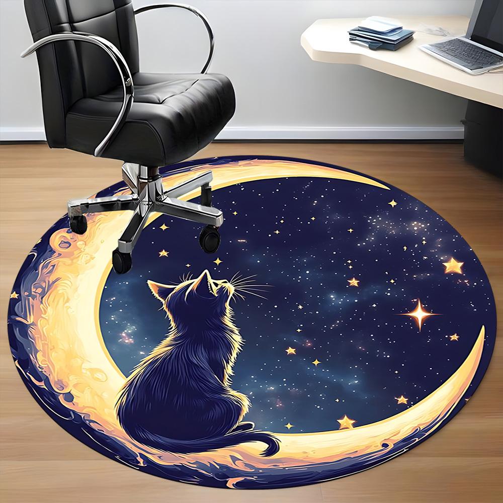 1pc Moon Cat Office Round Area Rug, Indoor Mat Suitable For Office, Under Office Chairs Bedroom Living Room Home Decor, Room Deco 042