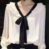 Women's Bow Tie Tied Shirt French Version V-neck Ruffled Loose Pleated Ladies Long Sleeved Blouse Spring Fashion Comfortable Famale Pullover Top