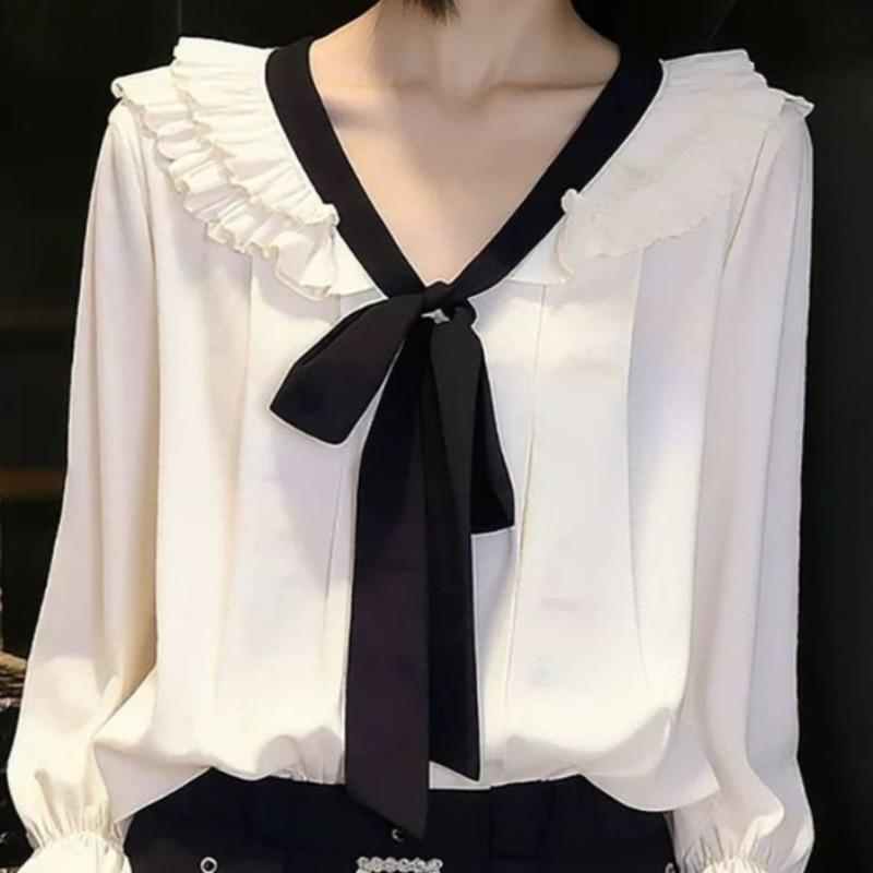 Women's Bow Tie Tied Shirt French Version V-neck Ruffled Loose Pleated Ladies Long Sleeved Blouse Spring Fashion Comfortable Famale Pullover Top