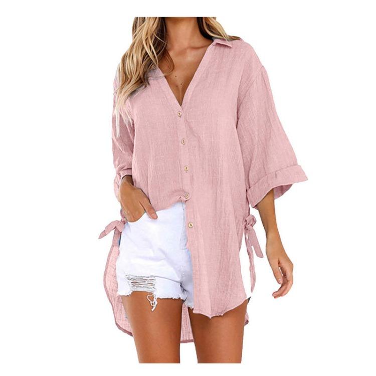 Women Casual Long Sleeve Shirt Loose Lace-up Button Lapel Side Knotted Top