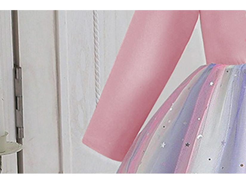 Girls' Unicorn Rainbow Princess Dress: Long Sleeve Sequined Mesh Dress for Spring & Autumn Birthdays