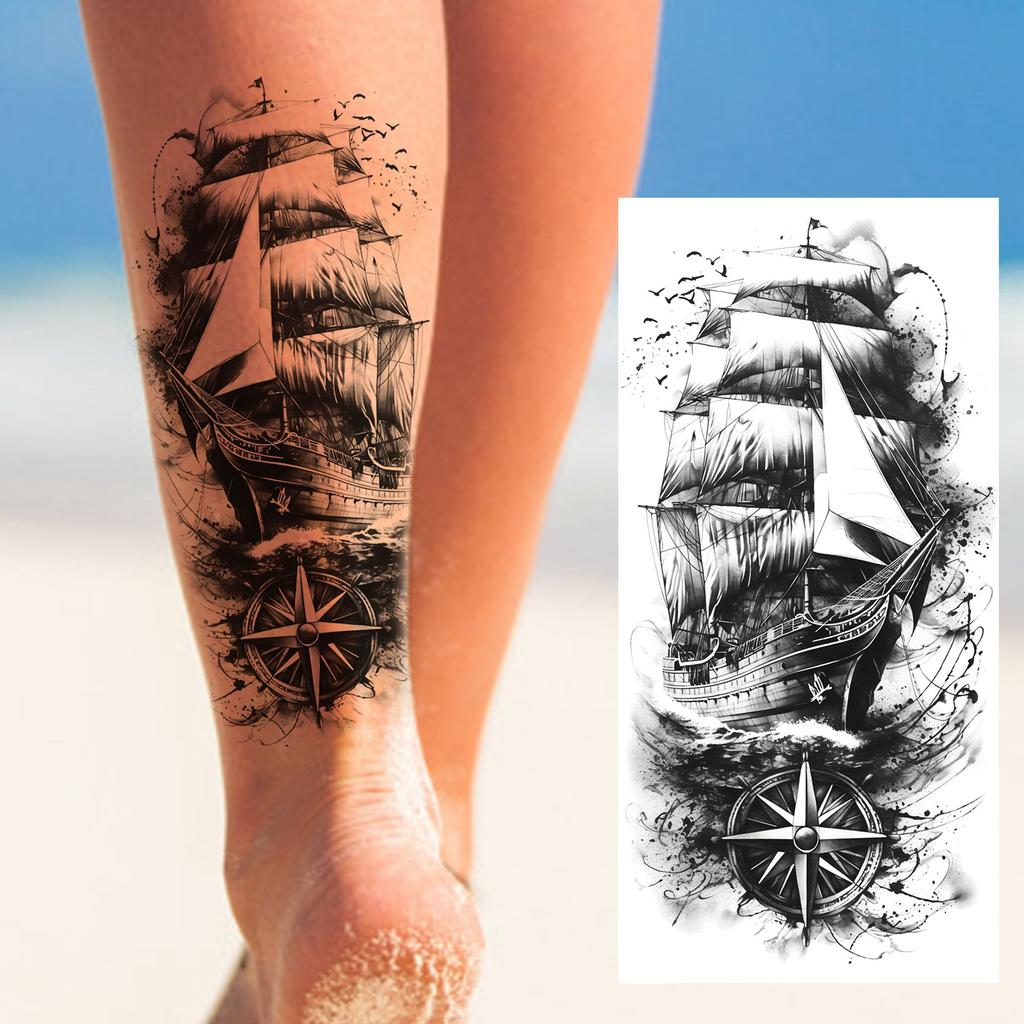 1 Foglio Impermeabile Nave Pirata Vela Tatuaggi Temporanei Per Uomo Donna Bussola Realistica Orologio Tatuaggio Finto Adesivo Lunga Durata