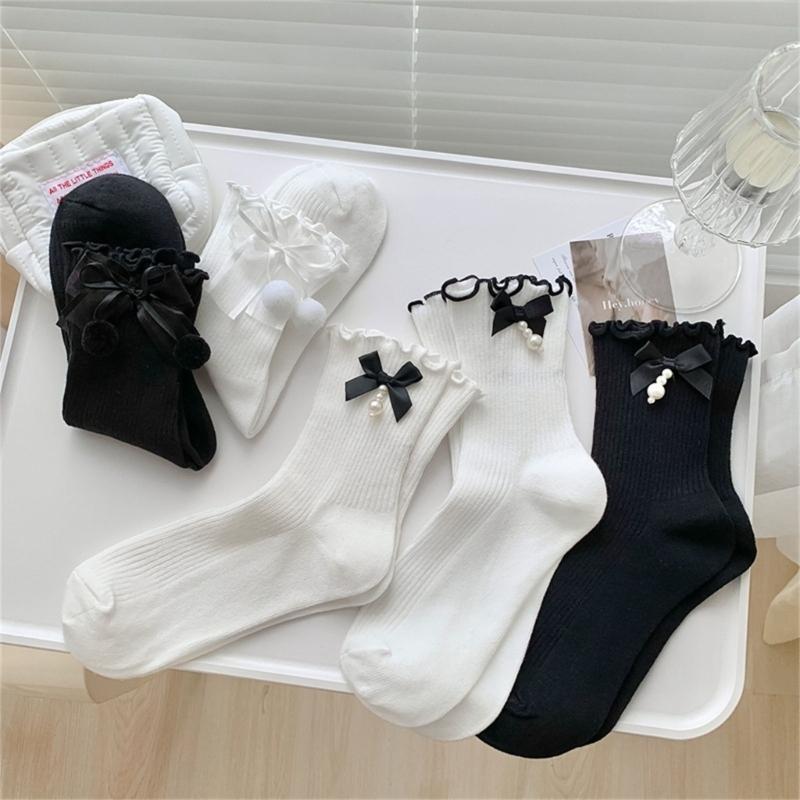 Fashion Harajuku Middle Tube Frilly Socks Women Girls School Student Cute Pearls Bowknot Ruffke Trim Cotton Ankle Socks