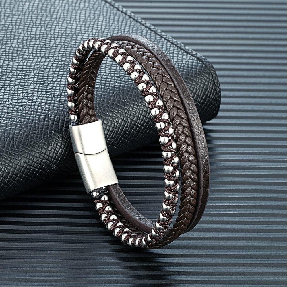 High Quality Handmade Braided Genuine Leather Bracelet Stainless Steel Magnetic Clasp Silver Beads Men Leather Bracelet Jewelry