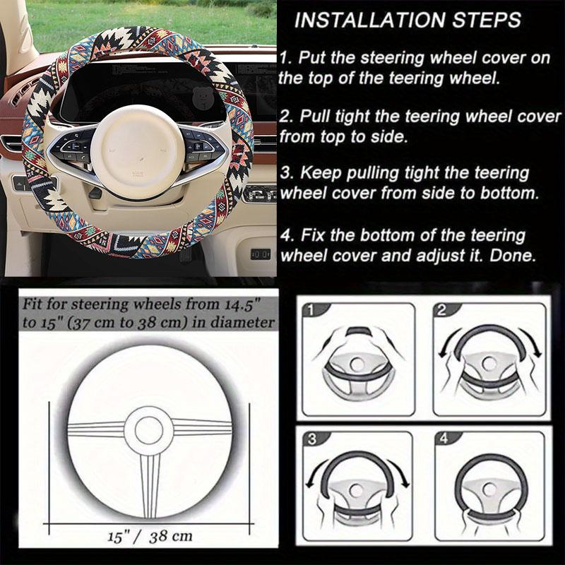 Breathable Linen-Feel Steering Wheel Cover, Oriental Ethnic Pattern for 14.5-15 Inch Wheel, Comfort Grip All-Season