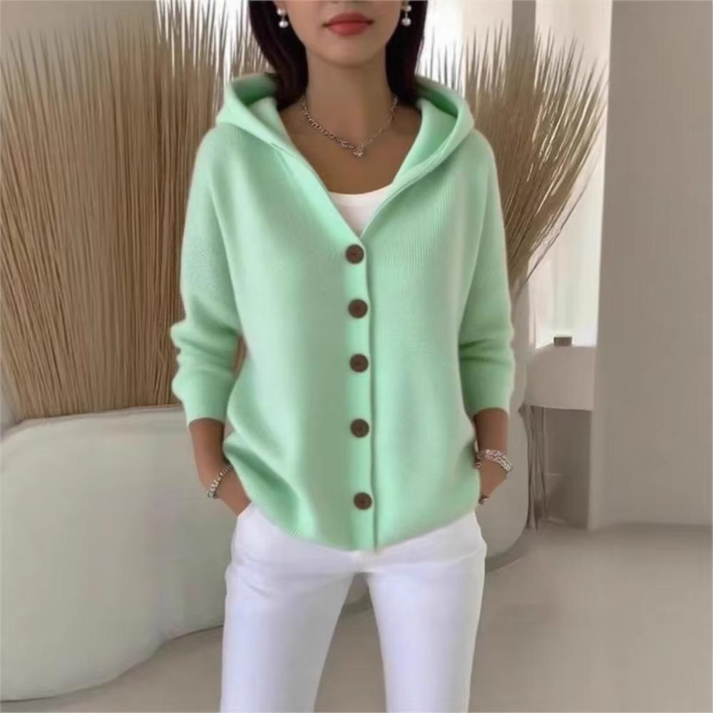 Solid Color Button Knit Hooded Sweater Cardigan Jacket For Autumn Winter New Casual Fashionable Women's Clothing Pulls Femmes