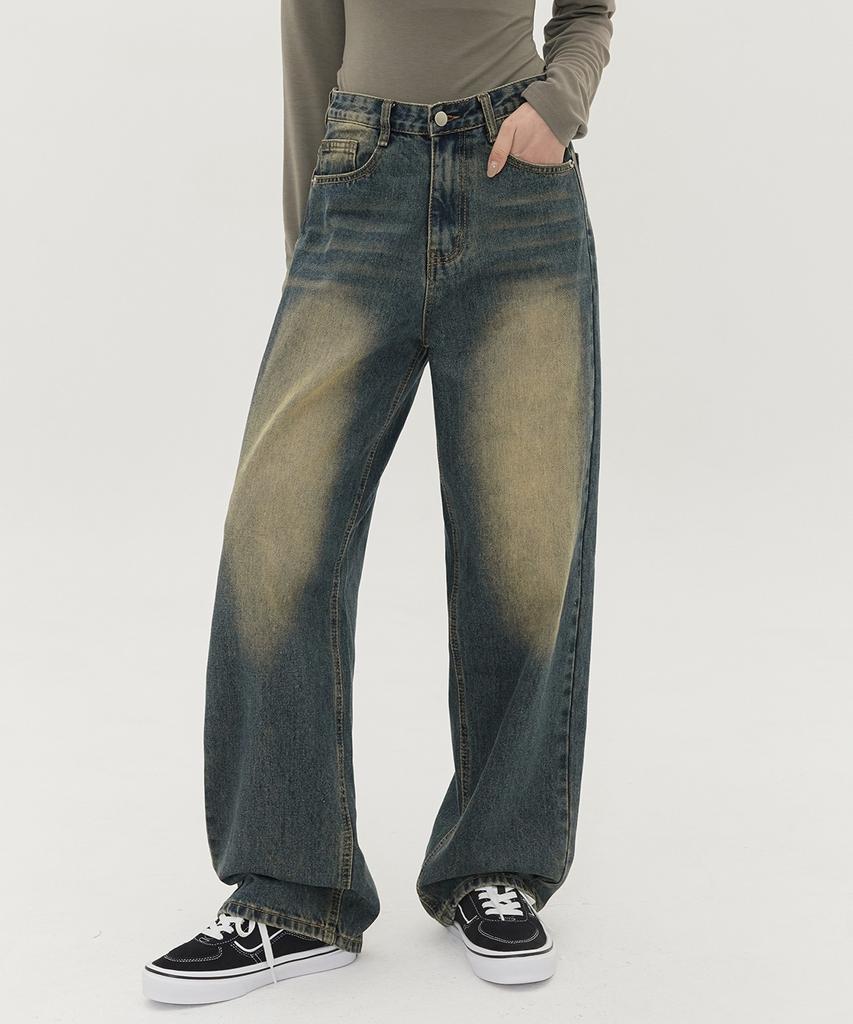 Akeusi Loose Washed Balloon Fit Wide Denim Pants Unisex (Yellow-Blue)