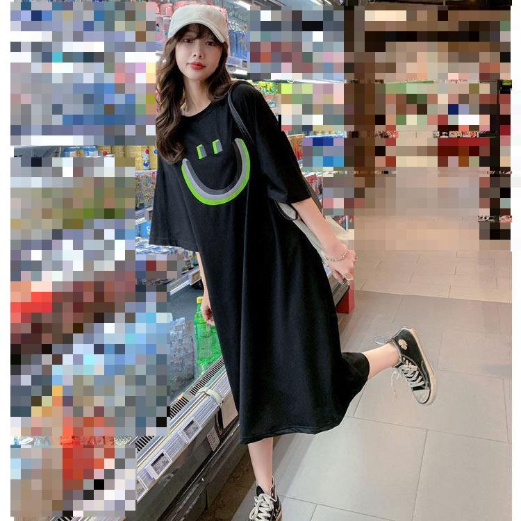 

Корейское ленивое длинное платье с короткими рукавами, свободное и большого размера платье с принтом, закрывающее живот и длиной до колен для беременных женщин 4XL чёрный