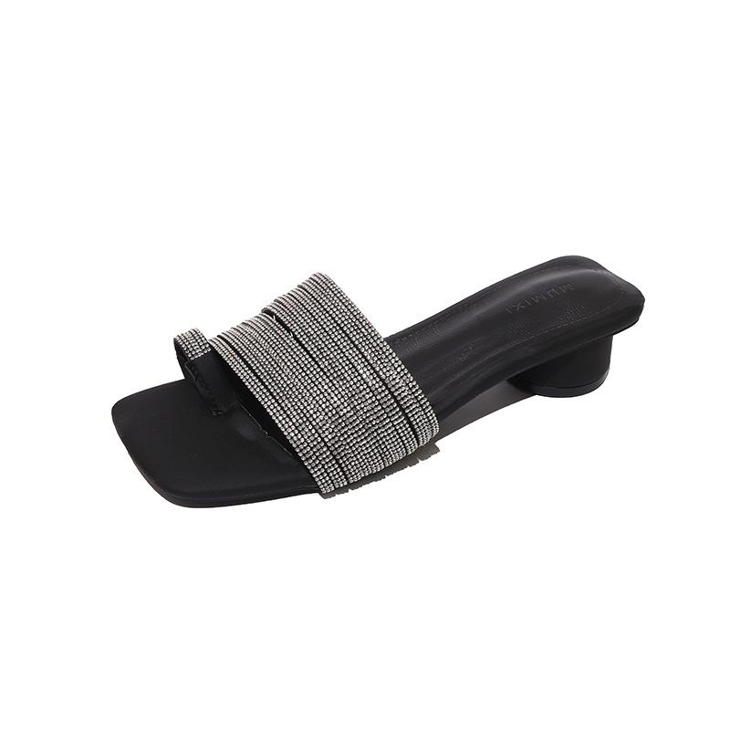 2025 Summer New Casual Simple Retro One-word Rhinestone Temperament Advanced Versatile Square Head One-word Drag