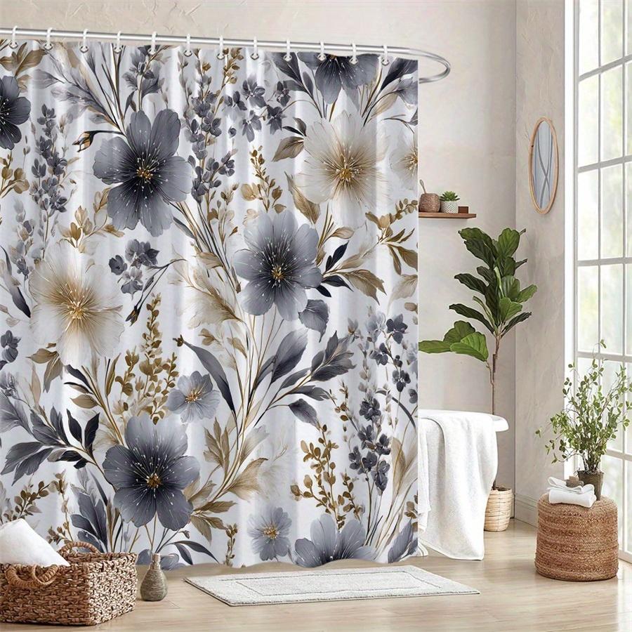1 Grey Beige Floral Shower Curtain, Elegant Off-White And Beige Flowers With Dark Flowers And Delicate Leaves, With Hook
