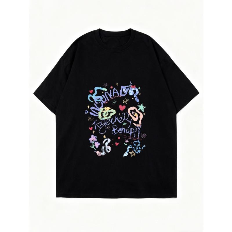 Oversized T Shirt Black Colorful Embroidered Graphic Print With Words Give Love To Yourself Be Happy Casual Streetwear Fashion Women Summer Top
