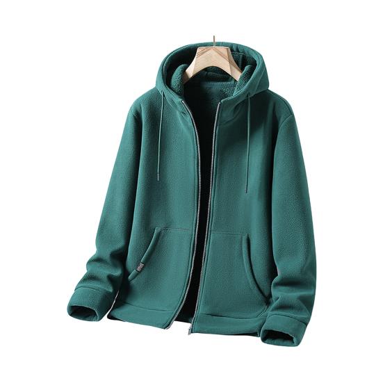 Yousheng Men Fall Winter Coat Hooded Zipper Closure Long Sleeves Drawstring Loose Thick Warm Solid Color Cardigan Daily Wear Hoodie Jacket