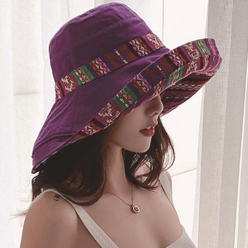 Sonnenschutz UV-Schutz Sonnenschirmhut Ethno-Stil Retro-Hut mit Kordelzug Damen Outdoor Sonnenschutz Schatten Wanderhut Doppelseitiger Fischerhut
