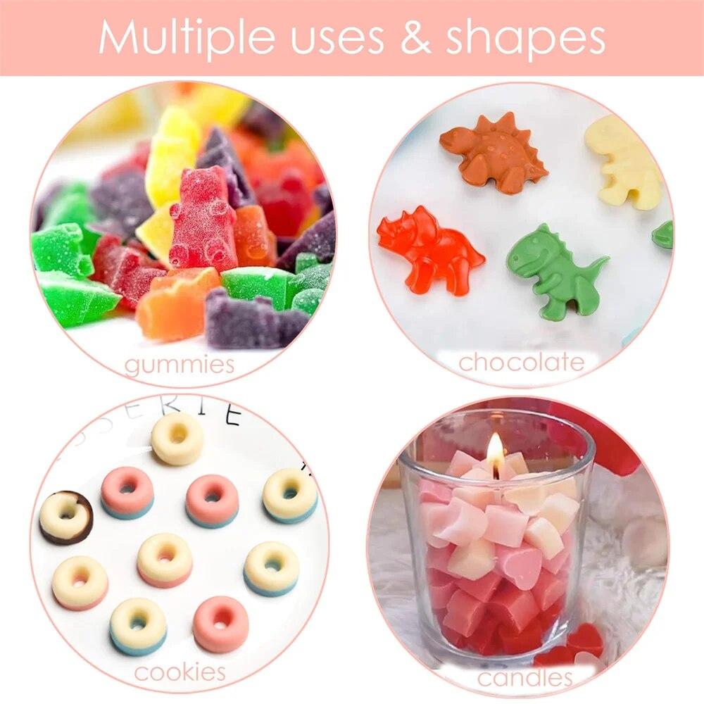 Gummy Bear Molds Silicone Mini Chocolate Candy Mold for Kid with 2 Droppers Including Dinosaur Bear Hearts Donut Shape