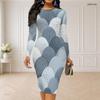 Damen Übergröße Rundhals Langarm Bedrucktes Bodycon Midi-Kleid