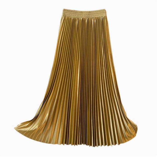 Women's Solid Color Satin Pleated Midi Skirt with High Waist and Flared Hem