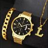 Men'S Casual Trend Business Fake Three-Eye Calendar Quartz Watch + Bracelet + Necklace (3Pcs/Set) Men'S Watch