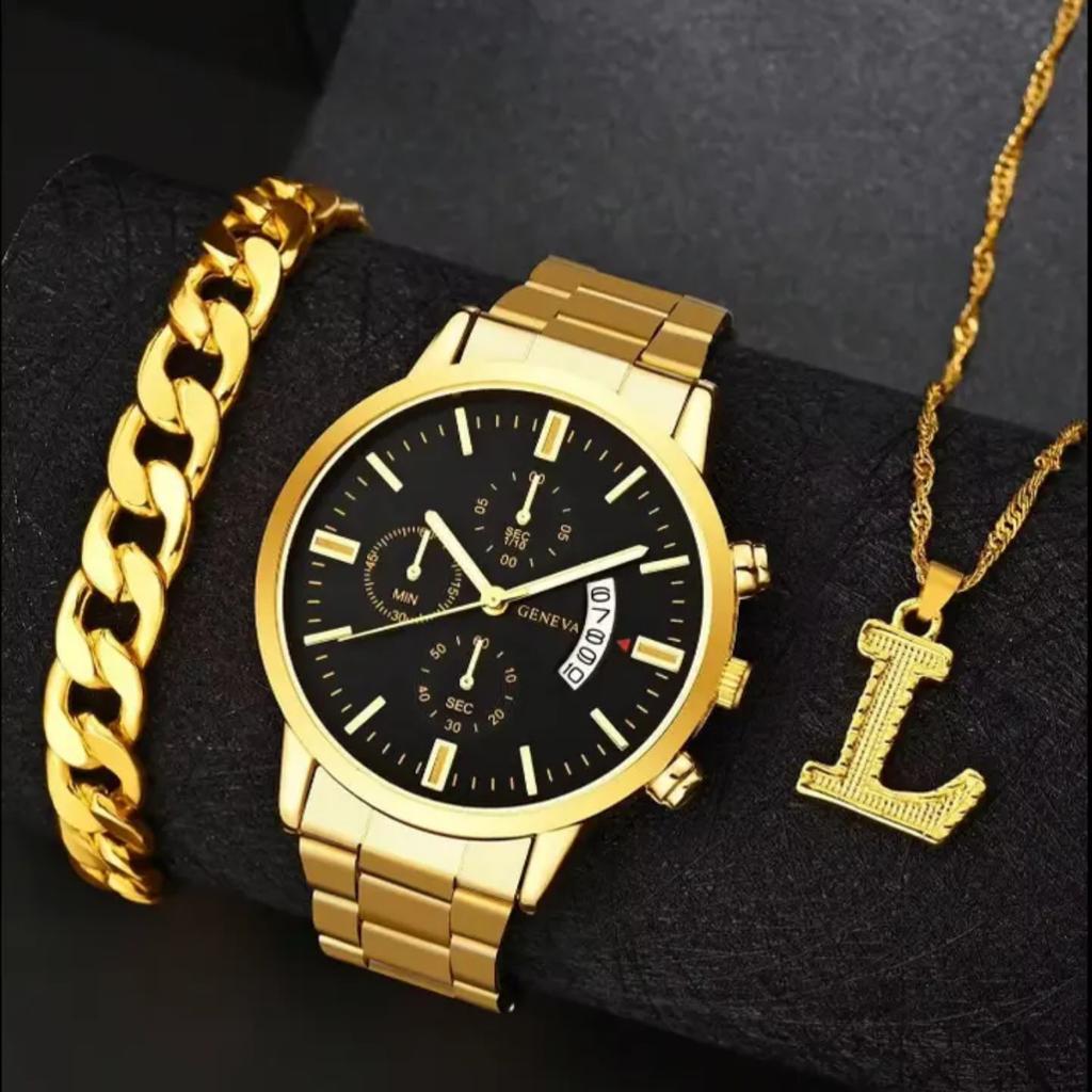 Men'S Casual Trend Business Fake Three-Eye Calendar Quartz Watch + Bracelet + Necklace (3Pcs/Set) Men'S Watch