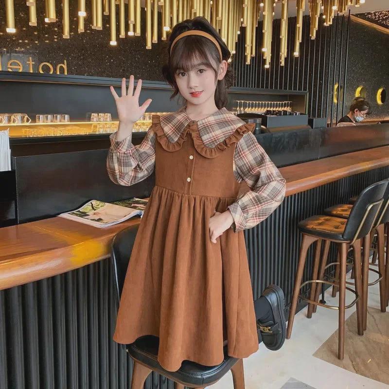 Girls' College Style Plaid Dress – Long-Sleeve, Two-Piece Look for Spring/Autumn