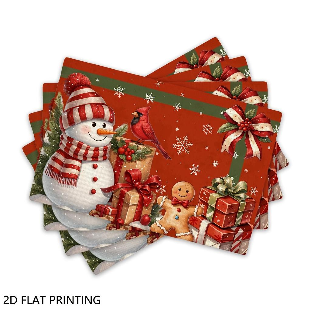 4pcs/6pcs Snowman Cardinal Gingerbread Table Placemats Suitable for Holiday Decorations, Rectangular Dining Mats with Gingerbread Men & Snowman Print,