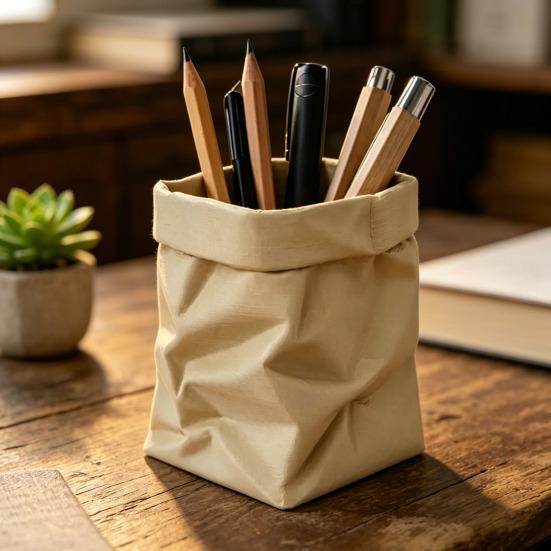 Cute Paper Bag Style Pen Holder 3D Printed Pencil Cup Desk Stationery Makeup Brushes Organizer for Workspace Office School Supplies