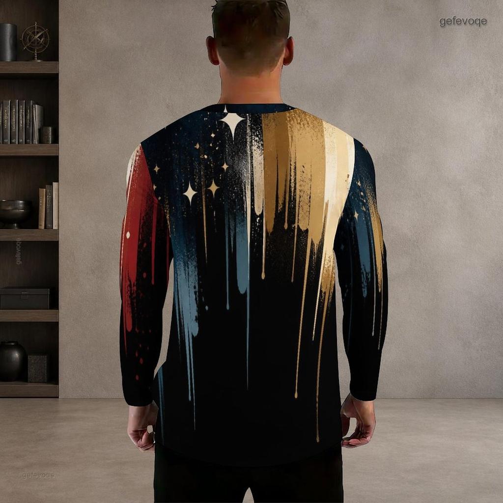 Men Plus Size Round Neck Long Sleeve Printed T Shirt Black Gold Blue Casual Pullover