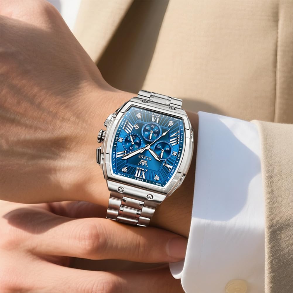 analog watch with a stylish stainless steel perfect for work or casual Features a luminous chronograph date and a blue Men's popular, formal,