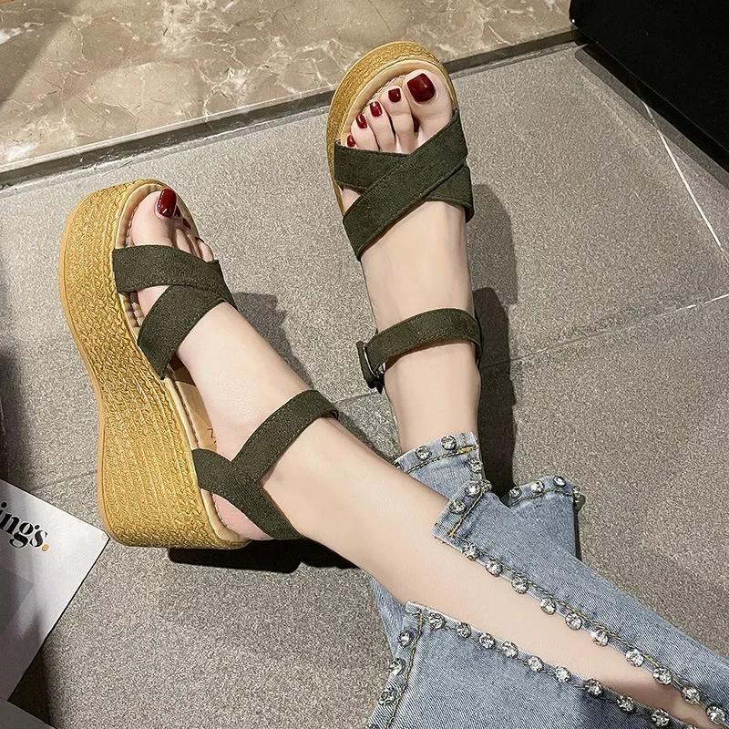 Fashion Summer Fashion Paragraph Sandals Women's Sponge Shoes High Heels Sloping Heels Waterproof Platform Thick Sole Strap Buckle