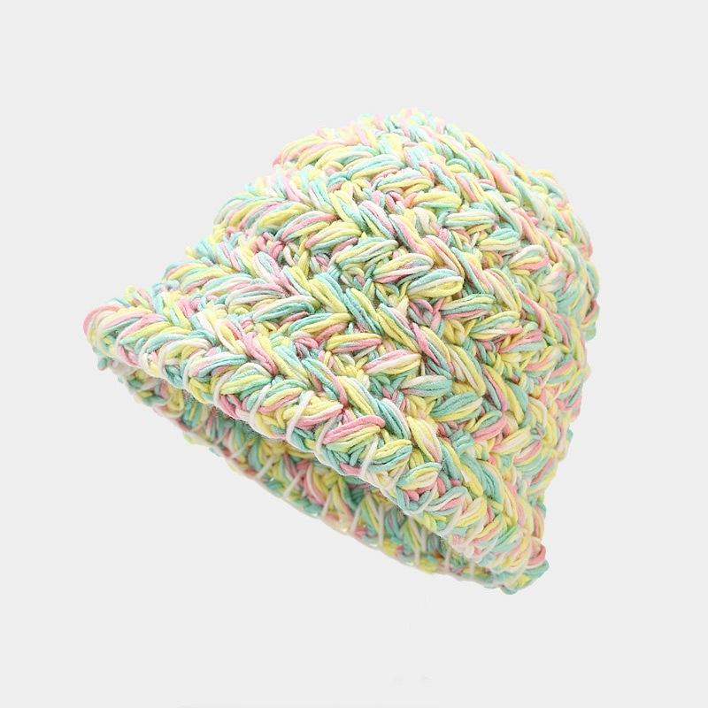 Mixed Color Thick Stick Needle Hand-knitted Wool Bucket Hat Women's Autumn and Winter Thickened Warm Hemming Basin Hat