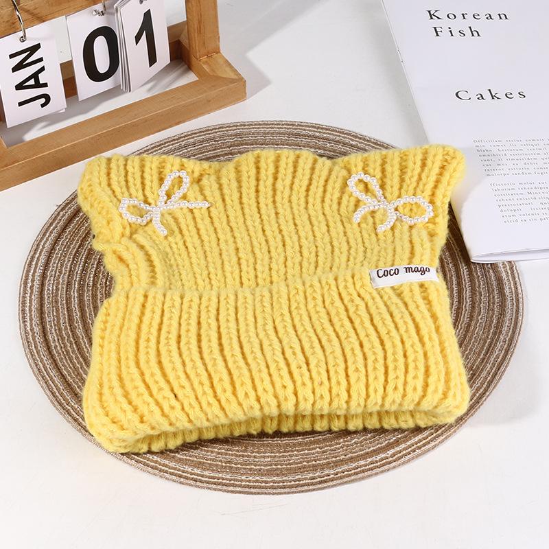 Hat Women's Autumn and Winter Cat Ear Wool Hat Sweet and Cute Bow Warm Knit Hat Ear Protection Cold Pullover Hat