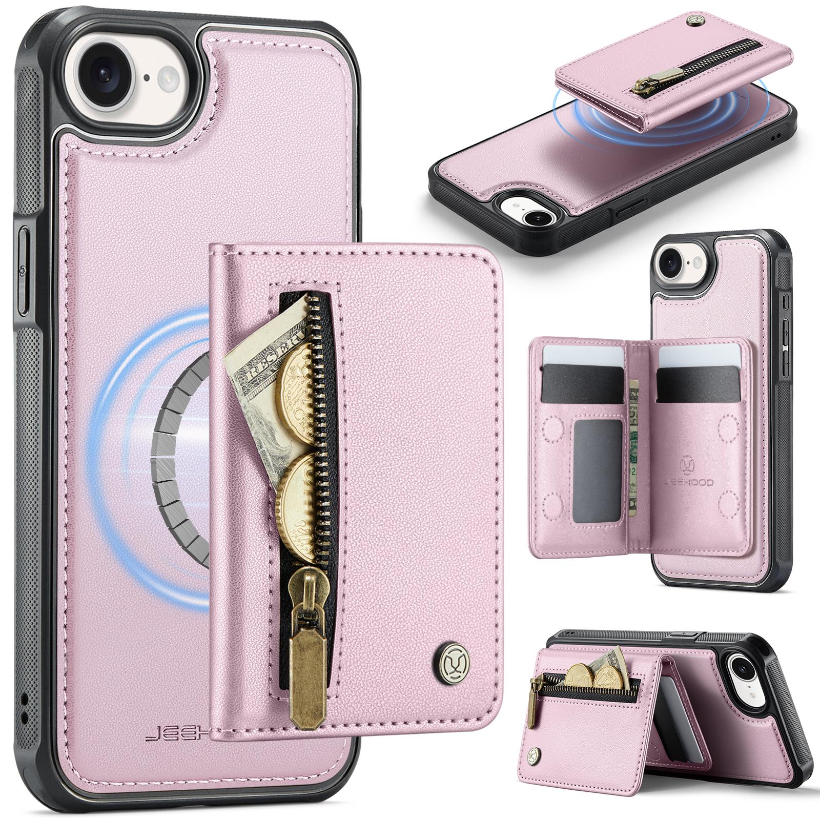 

For iPhone 16e Case JEEHOOD J12 Magnetic Detachable Zipper Wallet Kickstand Leather Back Cover Compatible with MagSafe