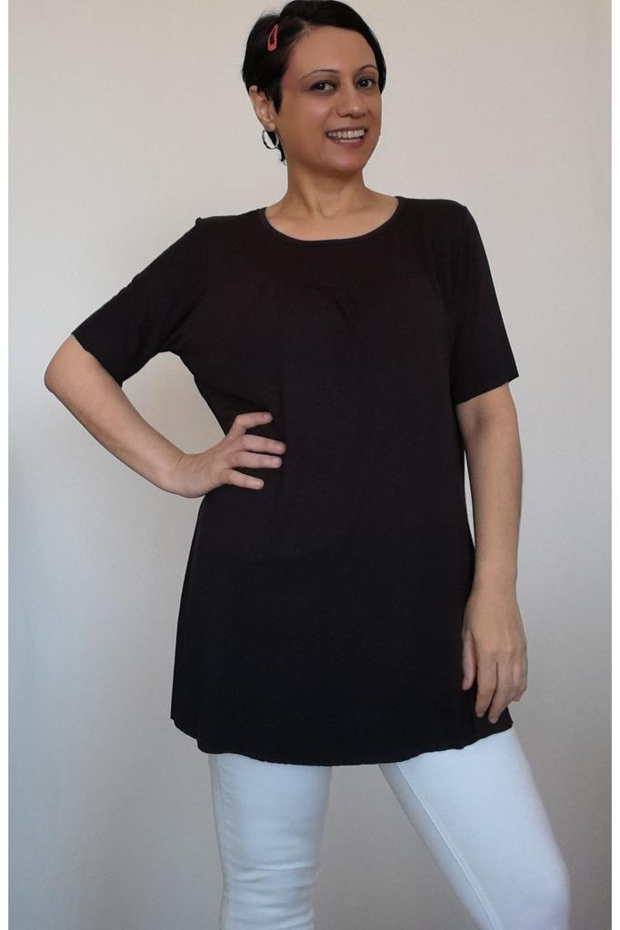 Women's Style Big Size T-Shirt Black Gathered Combed Cotton Viscose T-Shirt With Cropped Front And Back