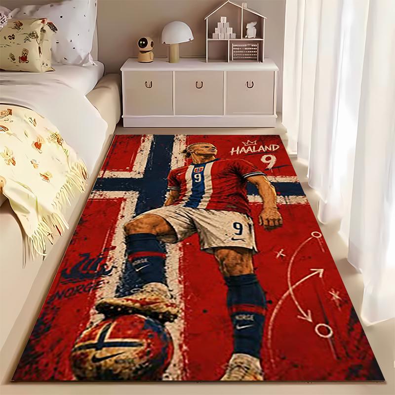 Sports Area Rug, Erling Haaland Norway 9 Flag Vintage Grunge Poster, Fan Cave Decor, Non-Slip Mat