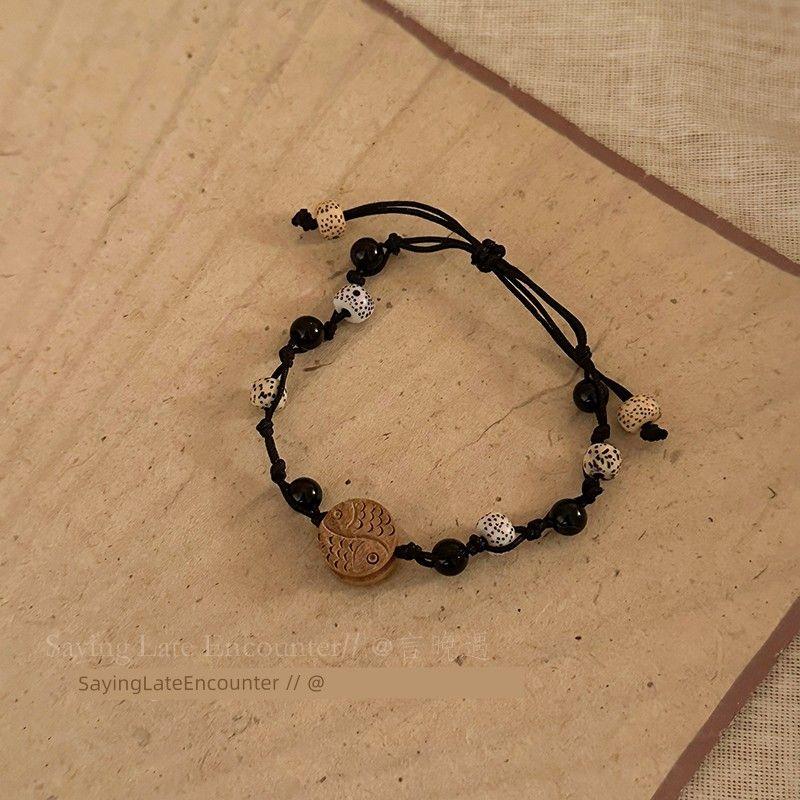 

Нишевый стиль Деревянная плетеная веревка Женский ретро пара Бодхи Taiji Pisces Beaded Bracelet
