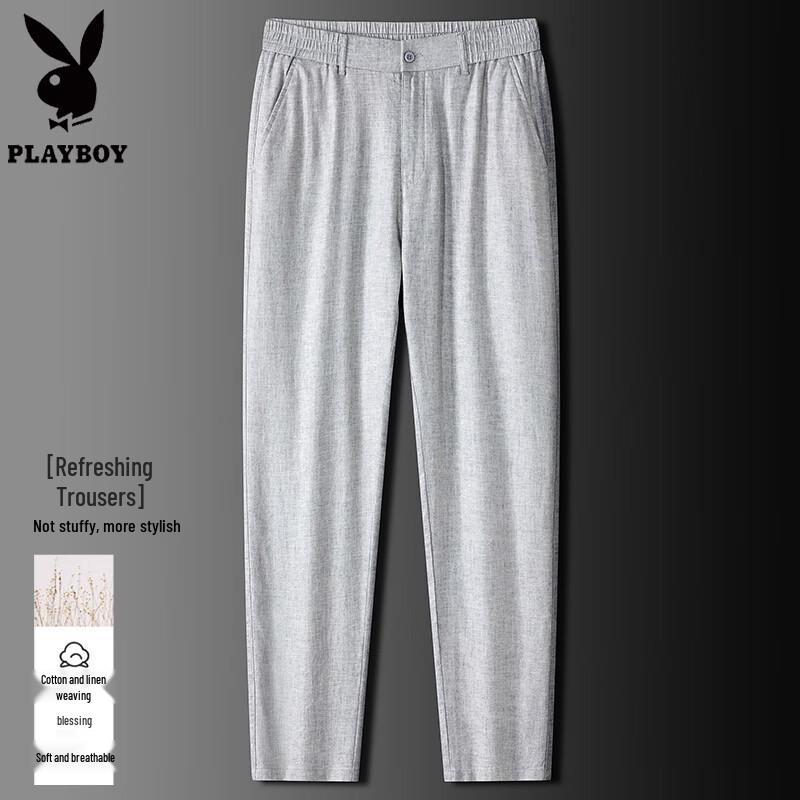 PLAYBOY Men s Lightweight Linen Blend Straight-Leg Casual Pants 6XL