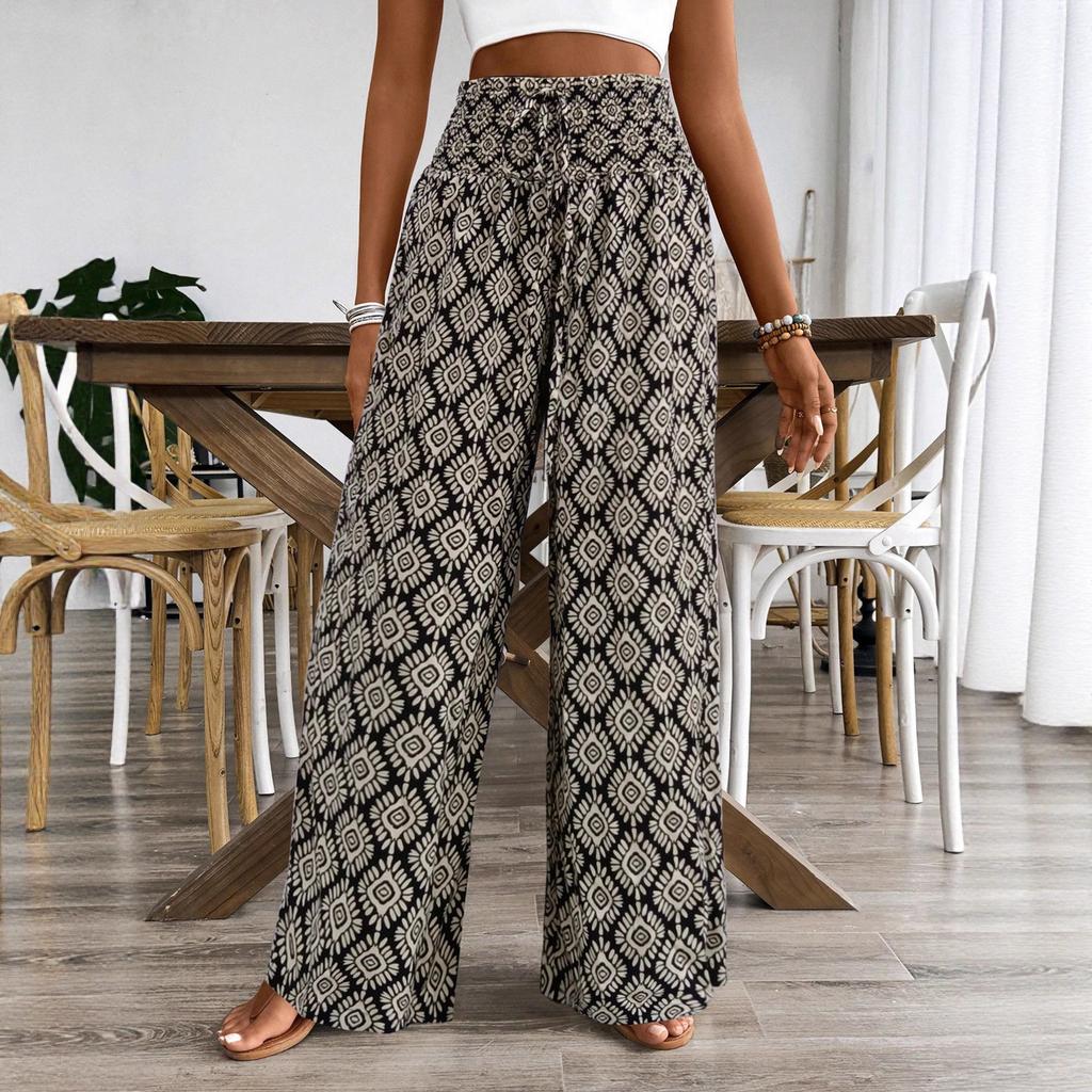 High Waist Printed Wide Leg Pants Women's Elastic Waist Casual Pants Bohemian Pants