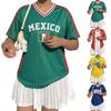 Women's V Neck Short Sleeve Football Jersey Top with Mexico Letter Print and Stripe for Casual Sportswear