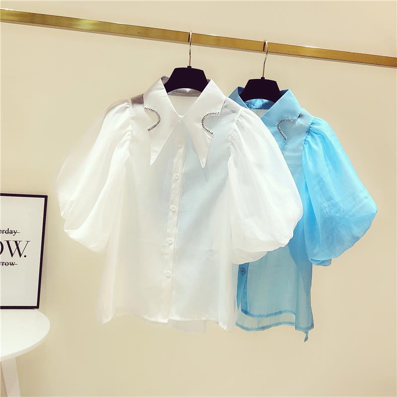 French Style Elegant Puff Sleeve Blouse Fashion Turn-down Collar Chic Diamonds Women's Clothing Summer Single-breasted Shirt New