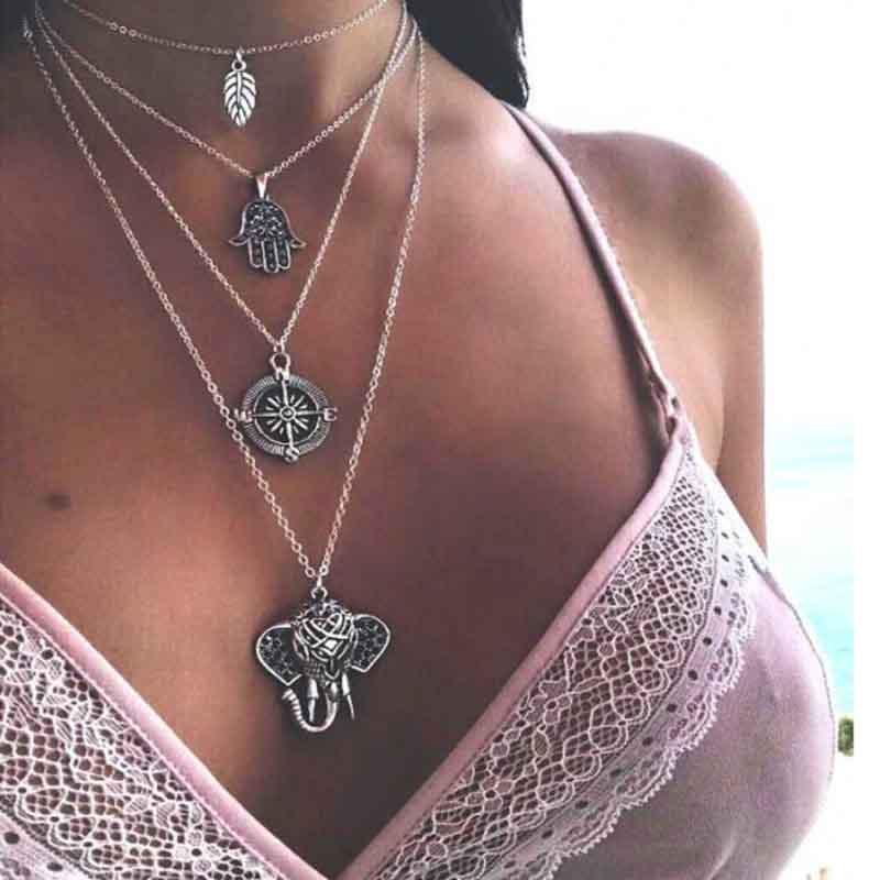 

Панк Мода Бохо Ретро Сплав Пальма Солнце Многослойное Ожерелье Лист Слон Подвеска