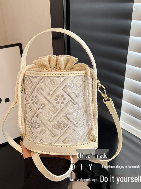 Zhuang Brocade Women's DIY Retro Bucket Crossbody Bag with Drawstring
