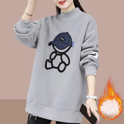 Women's Winter Thickened Loose  Half-turtleneck Sweater  Korean Cartoon Bear Plus Velvet Warm Women's Sweater
