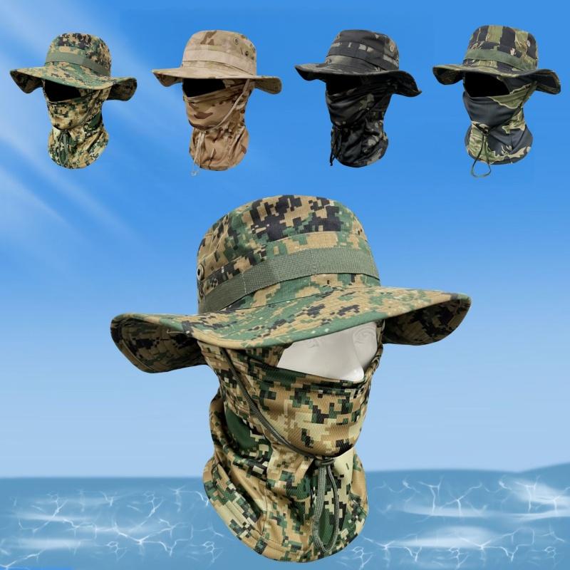 Mens Camouflage Bucket Hat Fishing Hat Sun Protection Face Covering Set Breathable Wide Brim Fisherman Caps for Outdoor