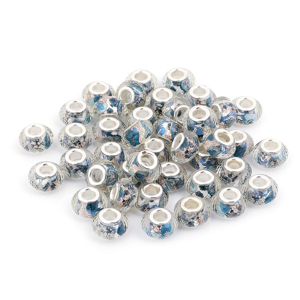 10Pcs/Lot 14×9mm Resin Cut Beads Blue Series Printed Large Hole Loose Spacer Beads For Diy Handmade Bracelet Jewelry Accessories
